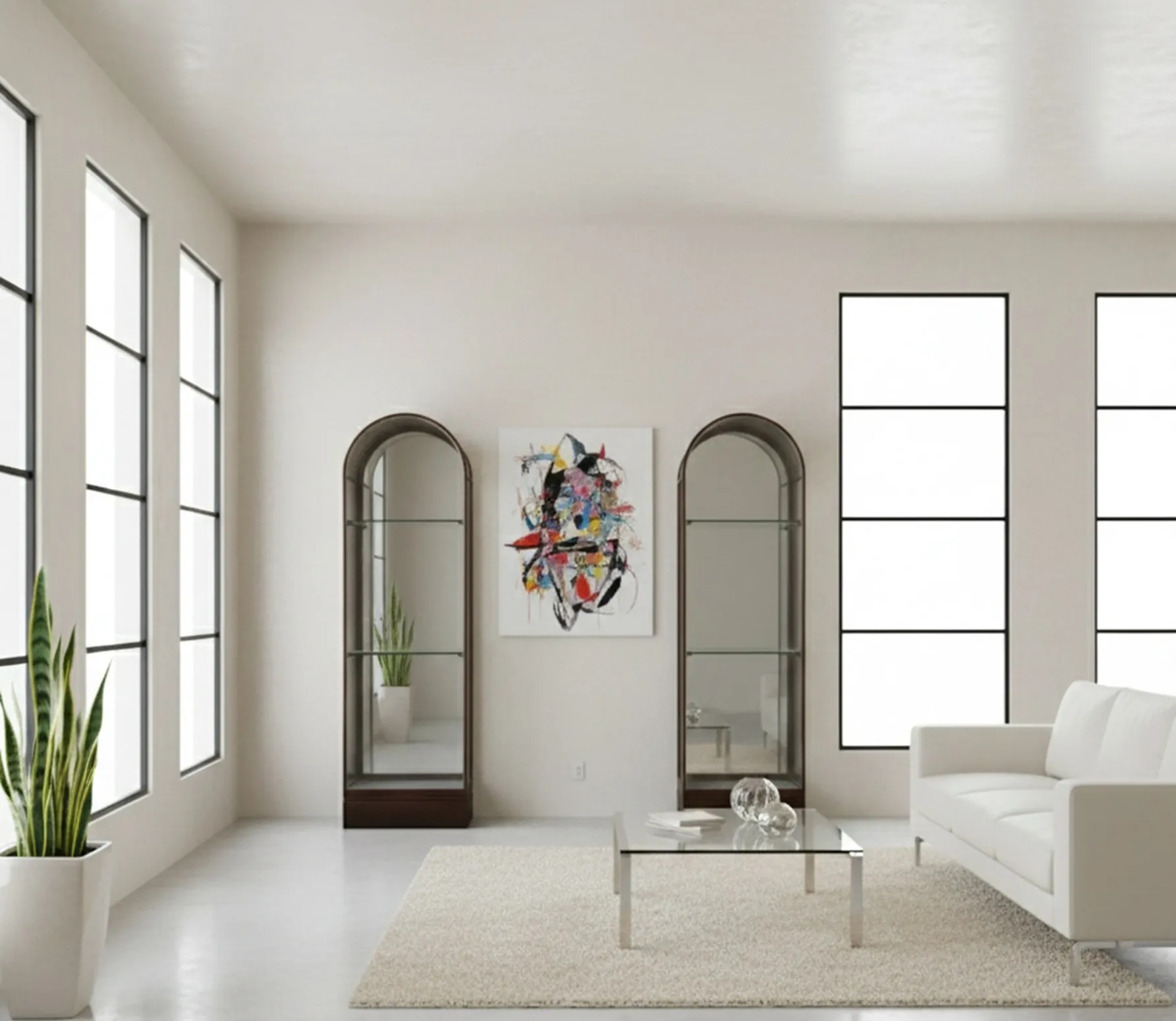 due vetrine antiche con ripiani, in un ambiente moderno.