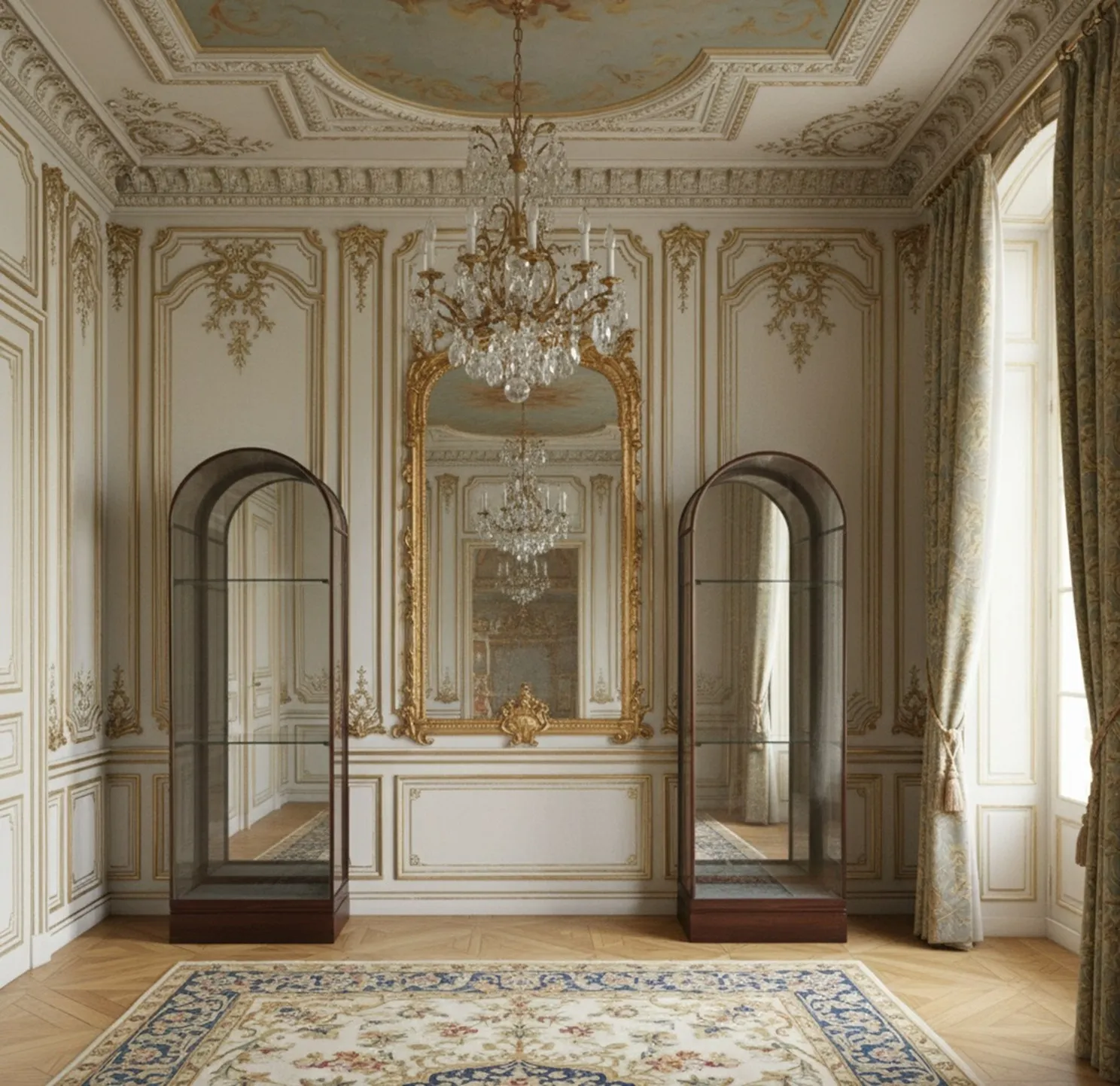 Deux vitrines anciennes dans une pièce élégante avec des chandeliers et des miroirs.