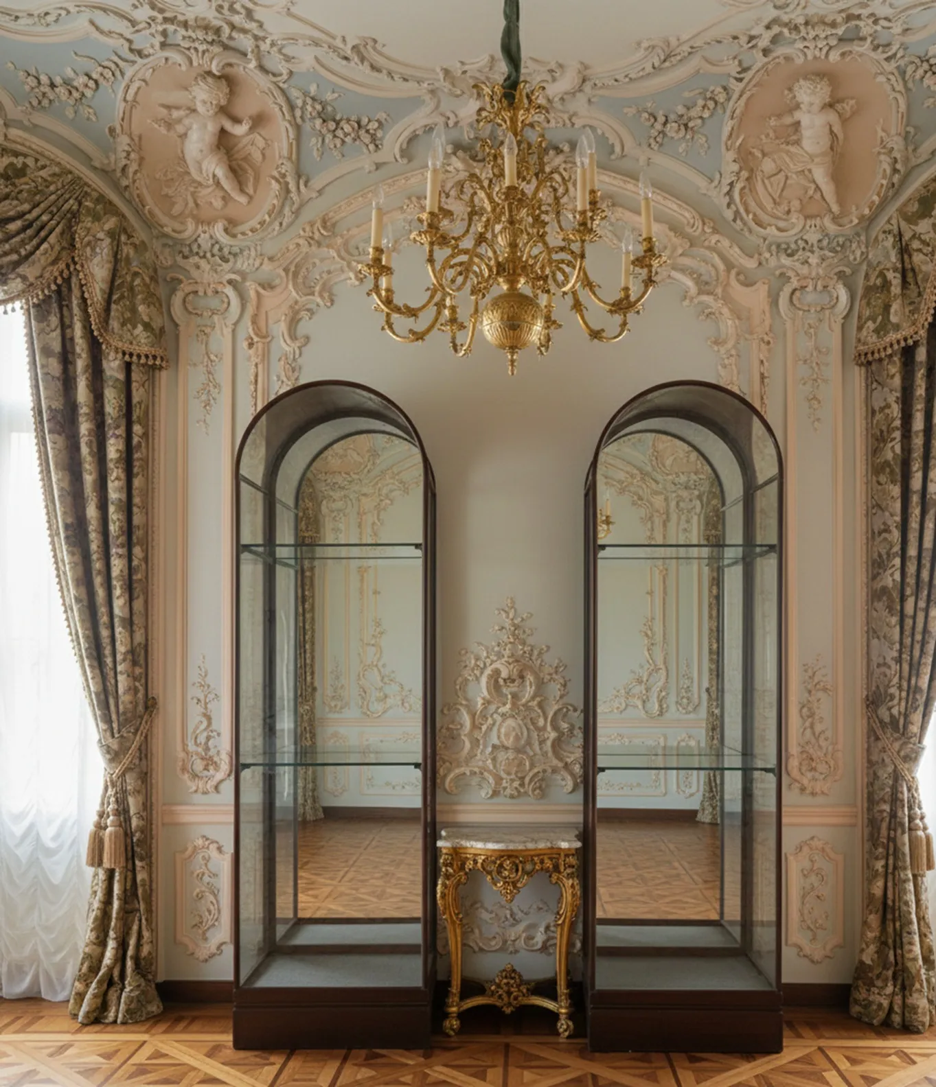 Two antique display cabinets in an elegantly decorated environment with a golden chandelier and fine curtains.