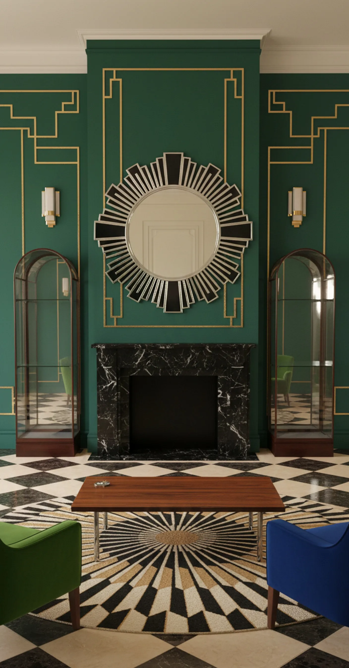 2 vitrines antigas de vidro em um ambiente elegante com paredes verdes