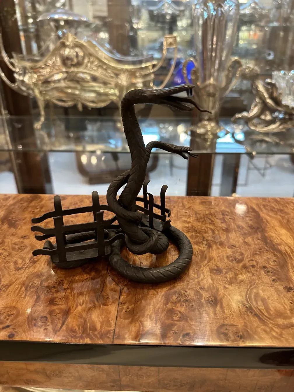 antique card tray with decorative design, set in an antique environment