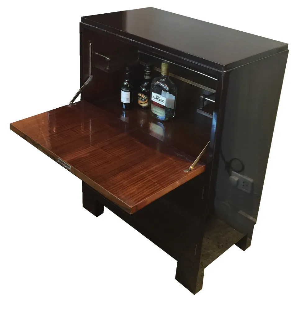 Antique bar cabinet displaying bottles in a sleek design.