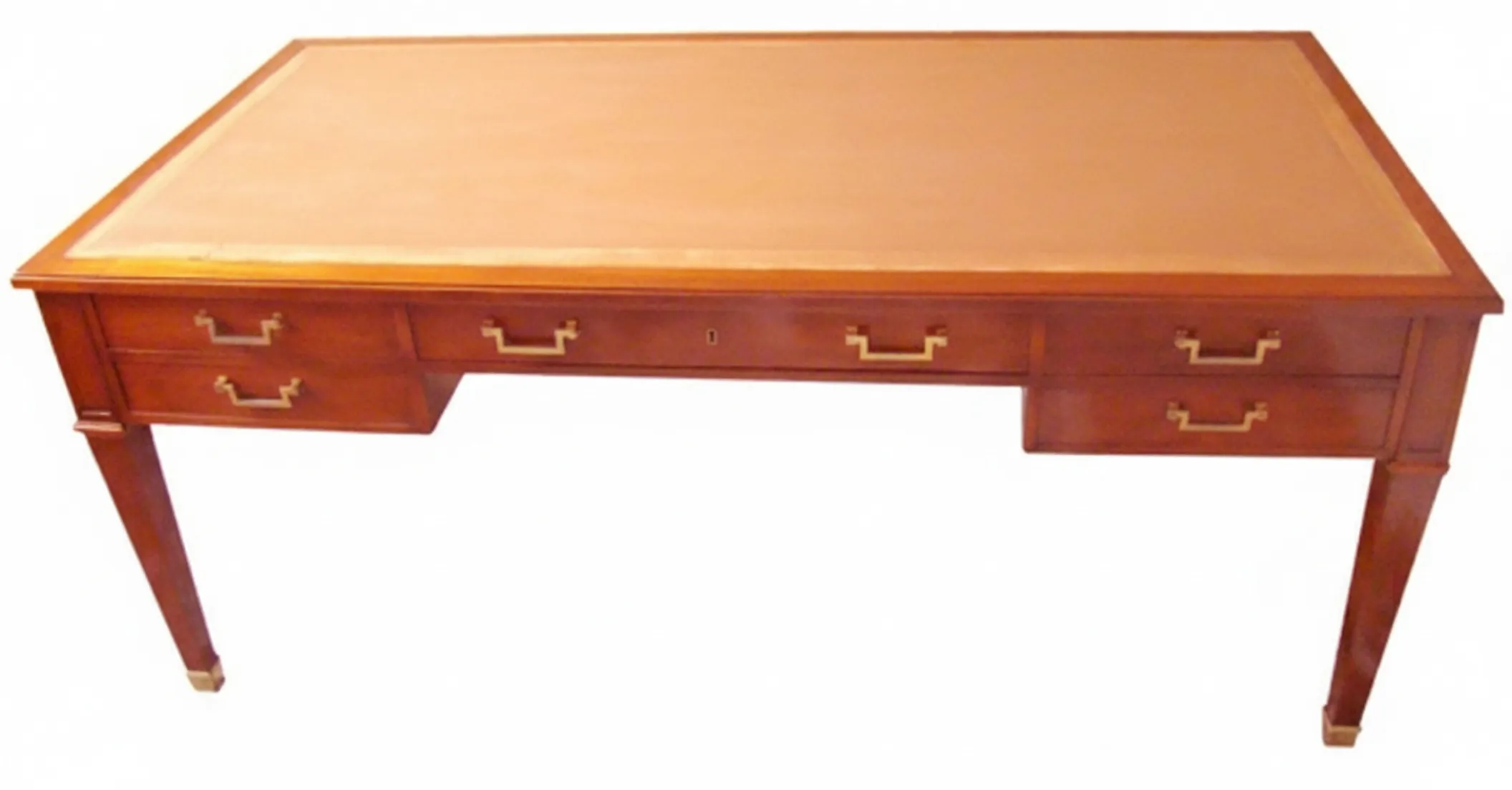 bureau ancien avec 3 tiroirs dorés et plateau clair