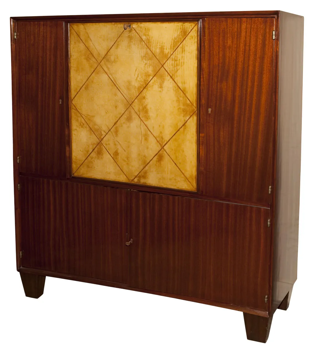 Estante de livros antigo estilo Art Deco com detalhes únicos, fechado