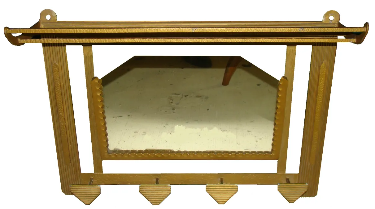 antique coat rack featuring a gold mirror and decorative hooks
