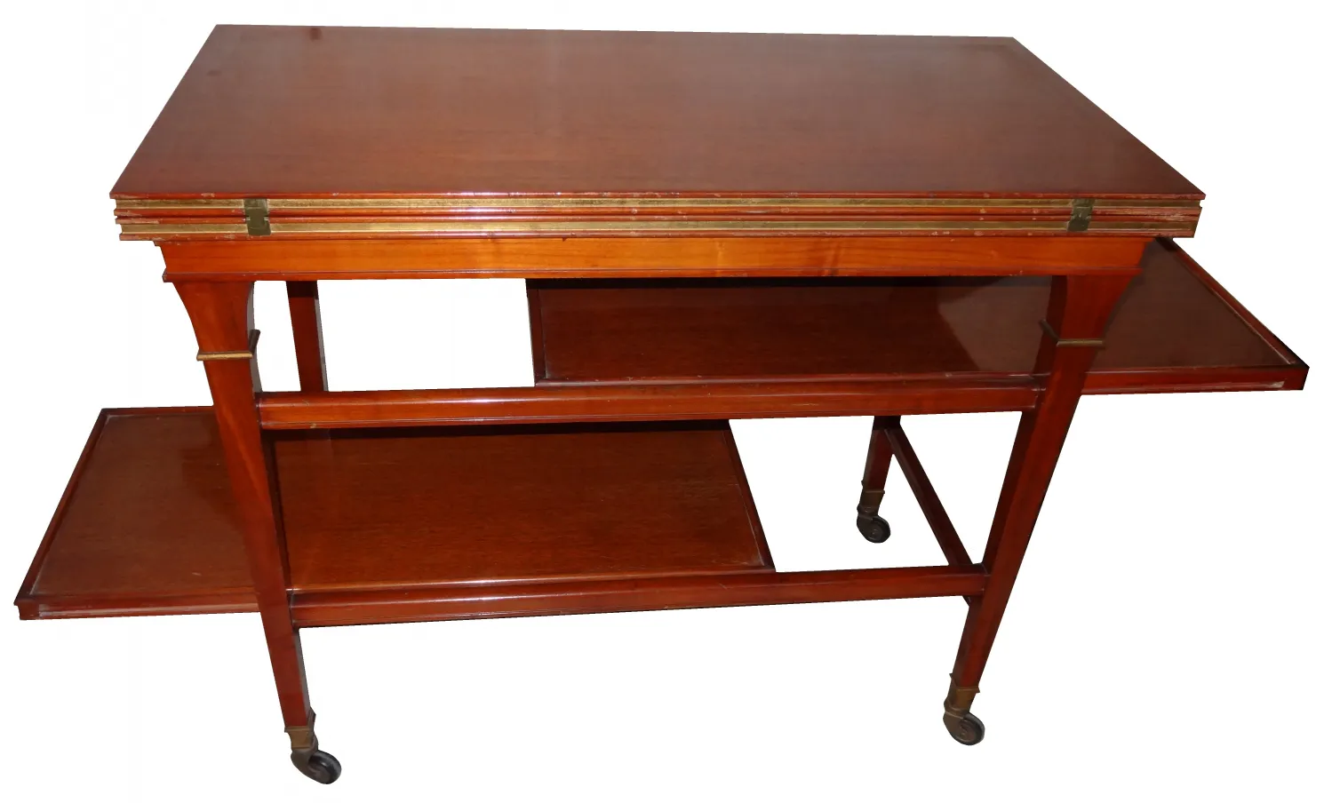 antique small table in brown color with two side shelves