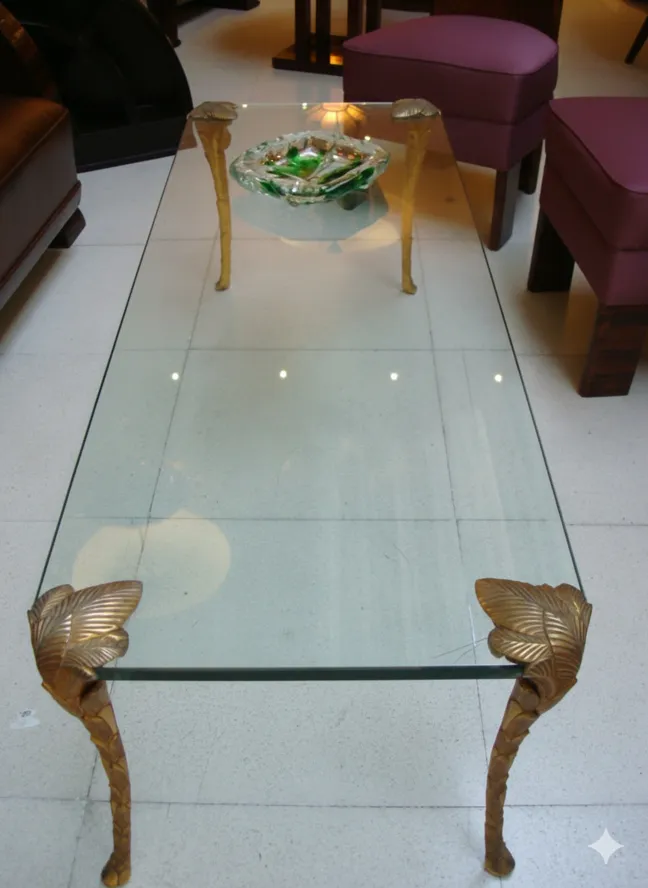 mesa de centro antiga com pernas decorativas em ambiente aconchegante