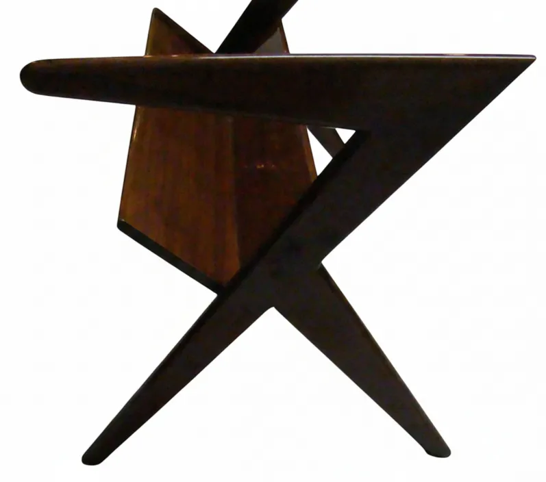 Vintage magazine rack with geometric shape, elegant design, appealing environment.