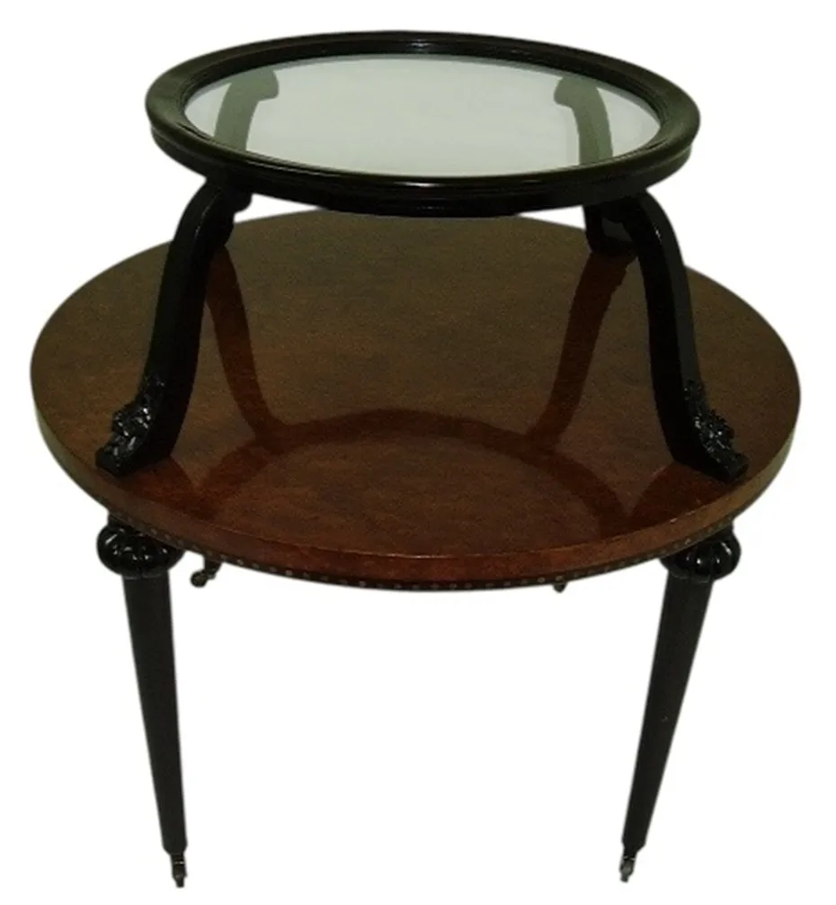 antique small table with two levels in brown color featuring elegant details.