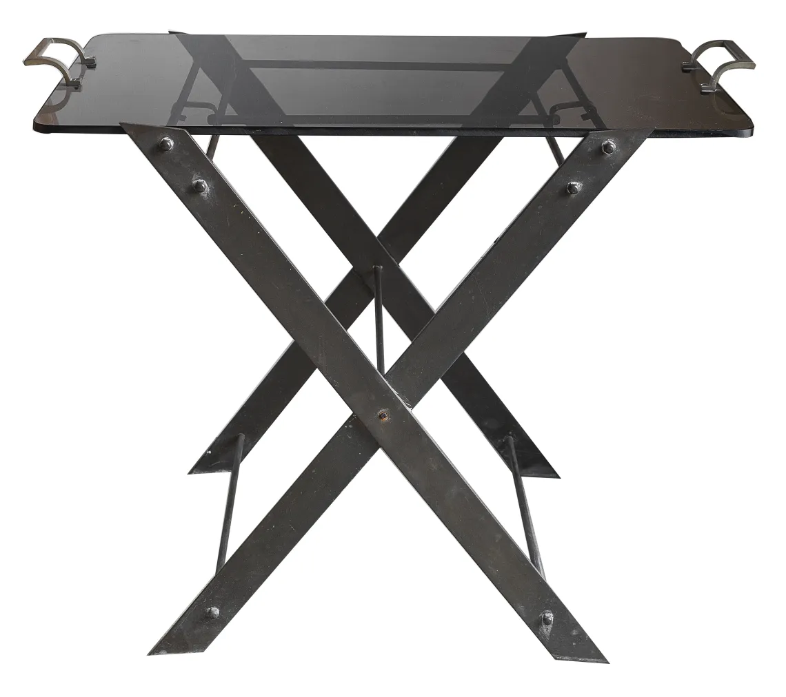 antiker Tisch mit schwarzem Top und gekreuzten Beinen, Art-Déco-Stil