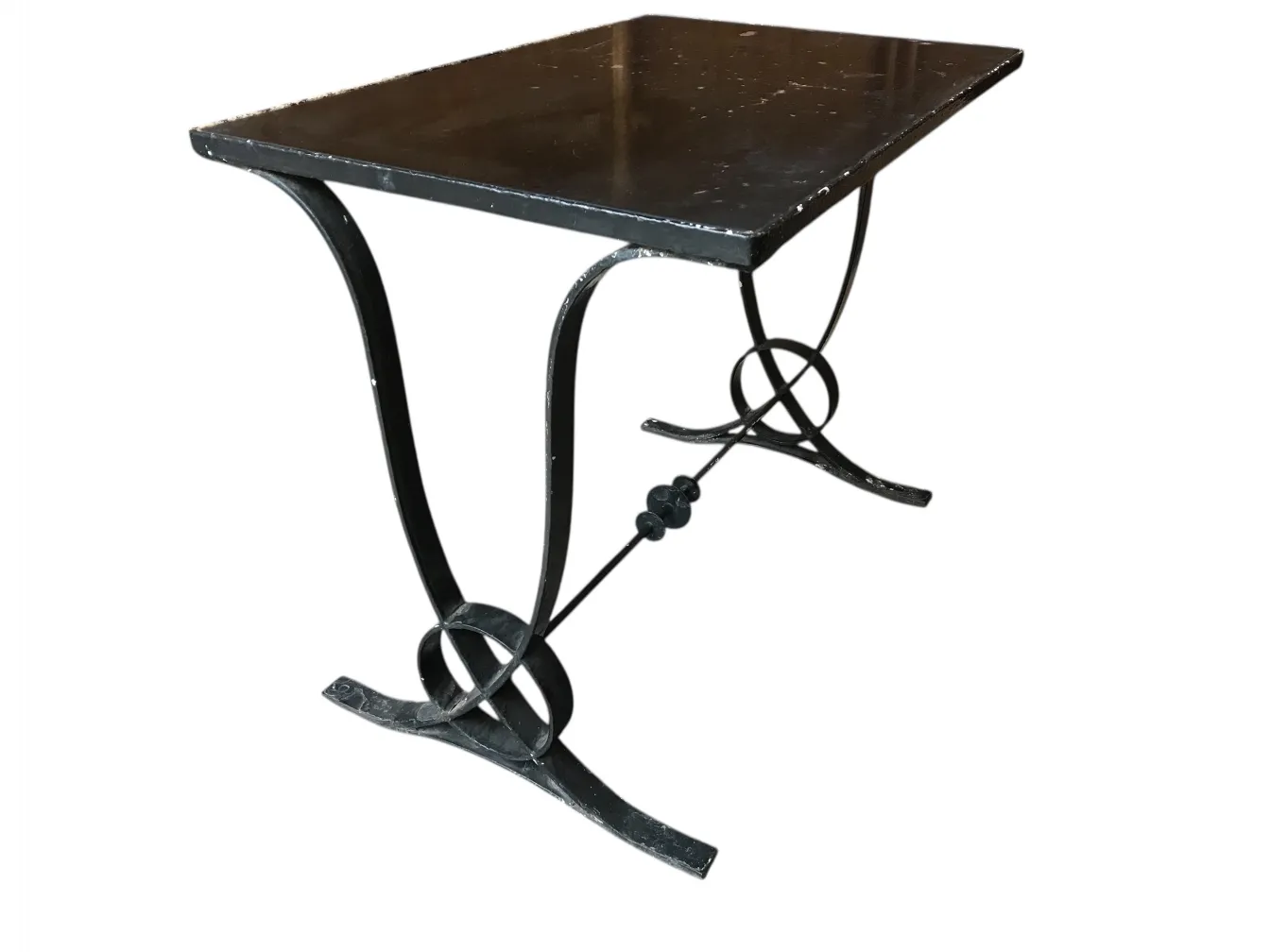 mesa art deco antiga com design de base estilizado em preto, ideal para decoração de interiores