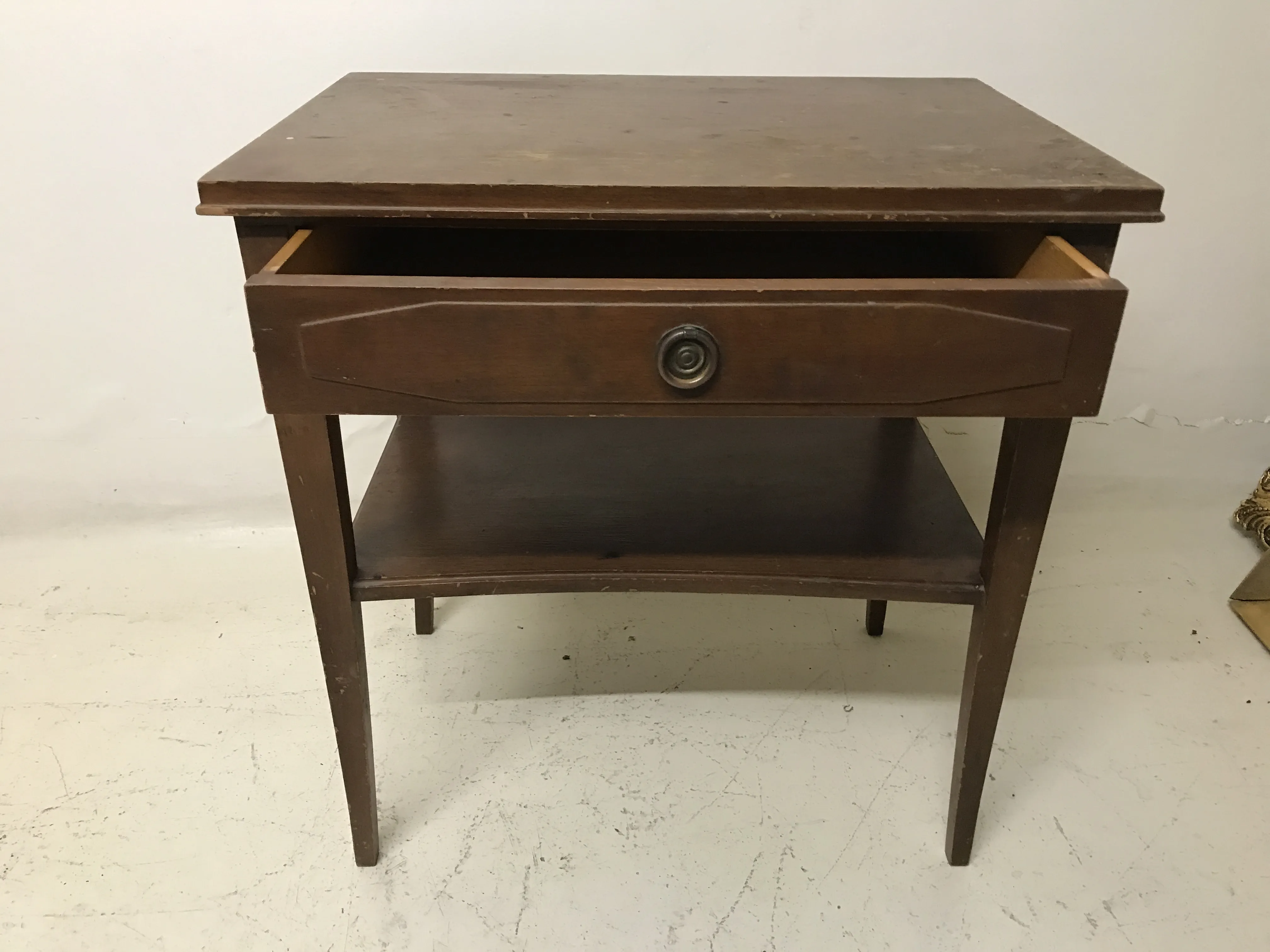 antique bedside table with a drawer and shelf, simple setting