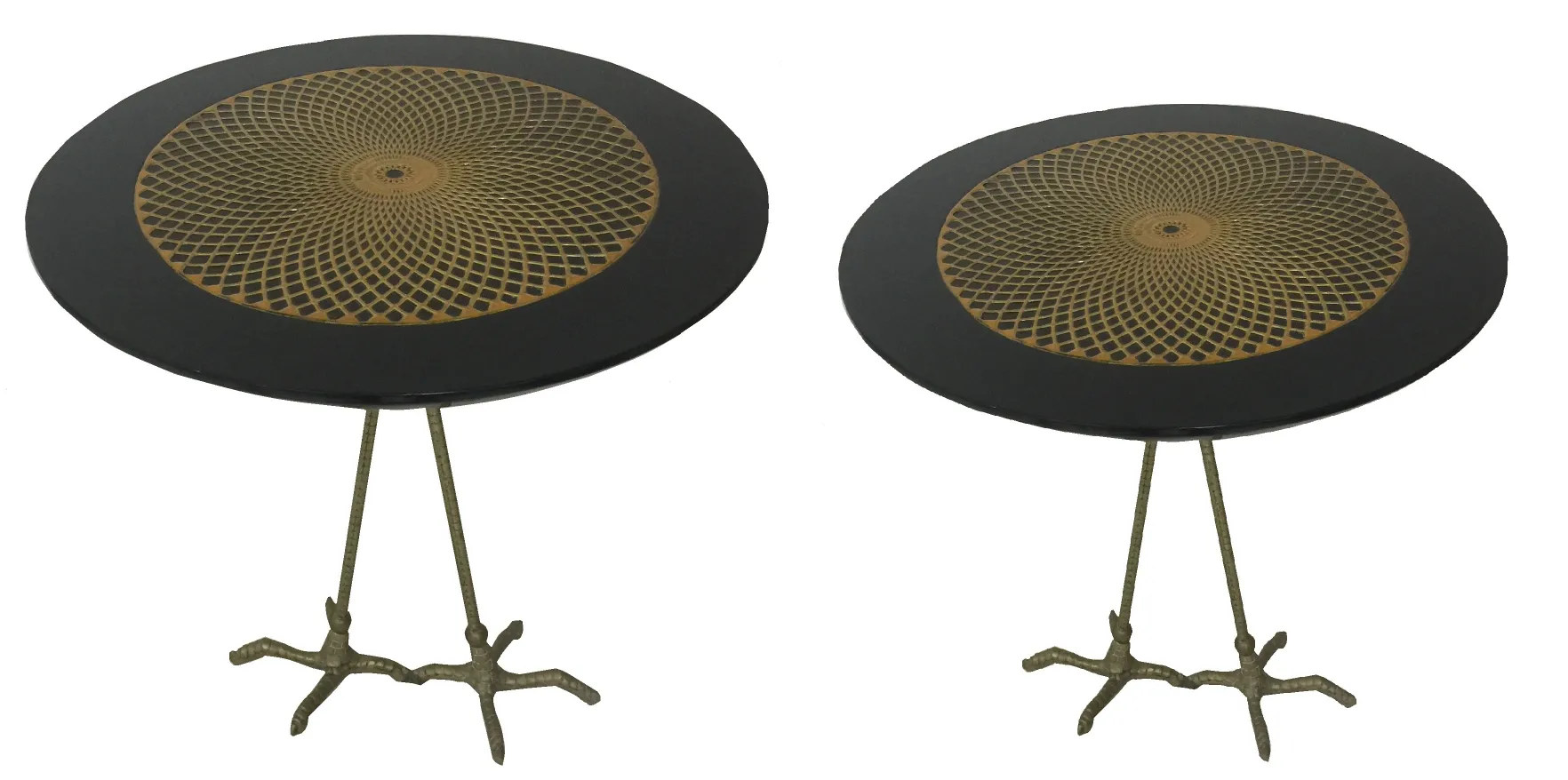 2 antique small tables with circular design and decorative legs