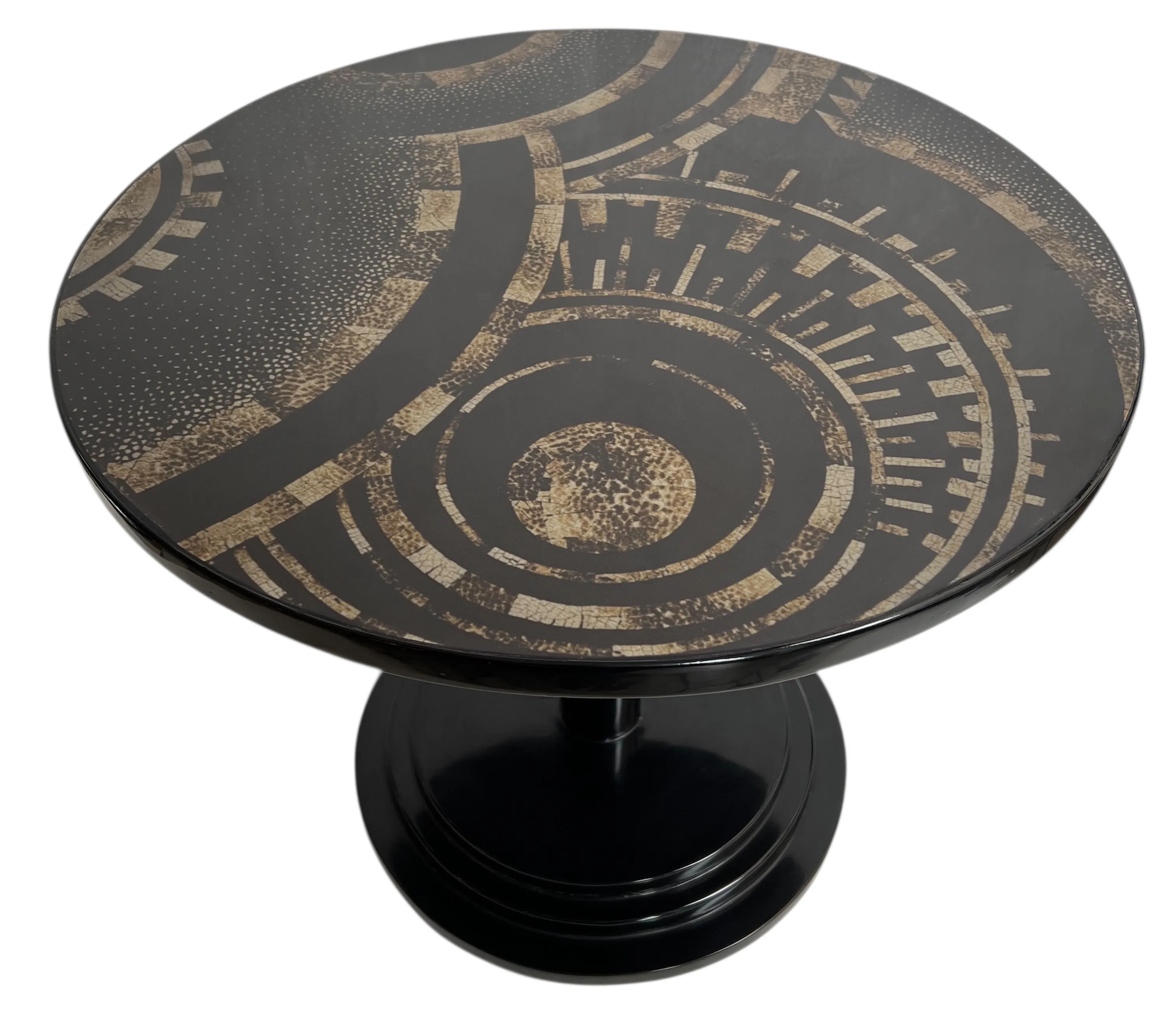Antique small table featuring an abstract design with geometric shapes on top.