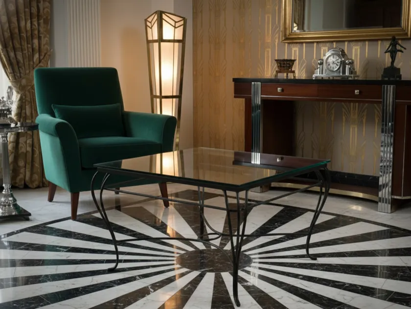 優雅な脚のある古い庭のテーブルが隅に置かれています