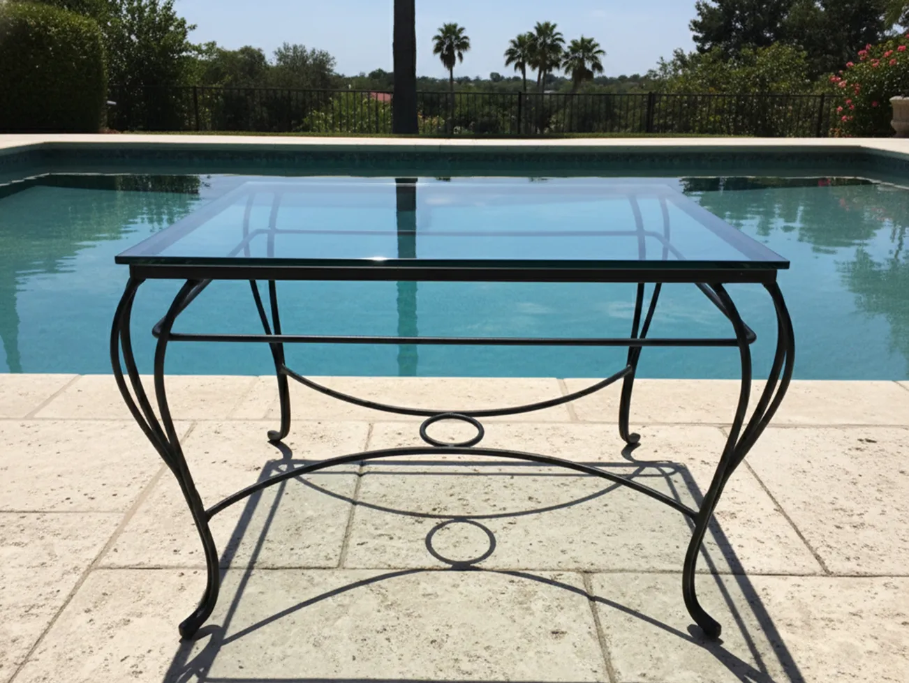 桌子位于游泳池旁的花园环境中