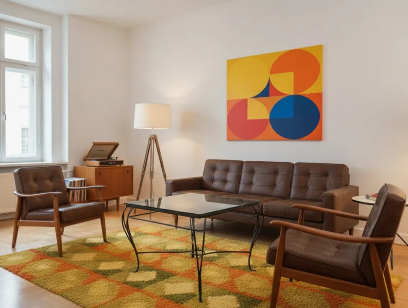 リビングルームのアンティークテーブル、ソファとランプ付き