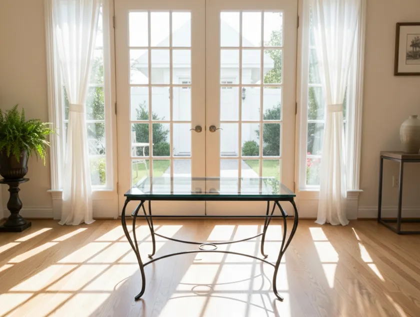 Antique table in a bright setting with large windows surrounded by plants