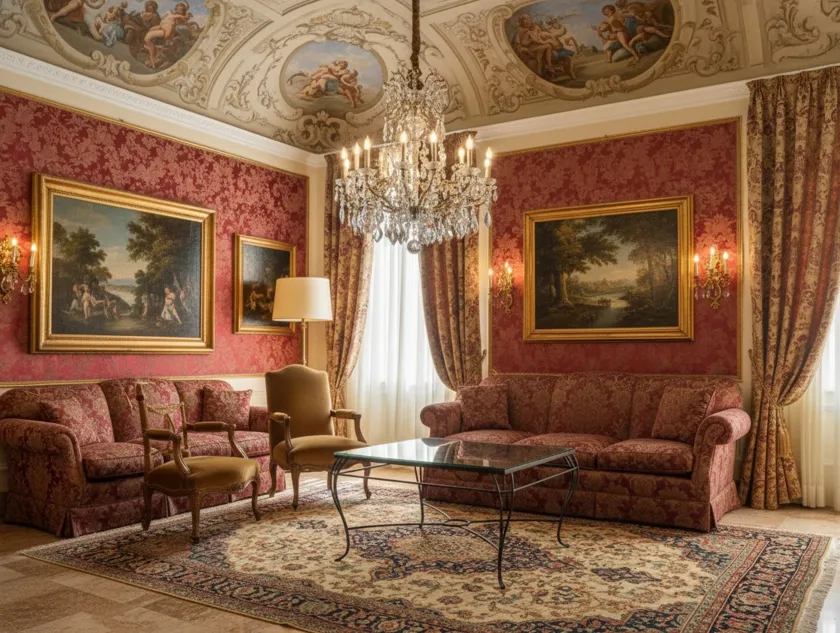 Декоративный старинный стол в классической обстановке рядом с креслами.