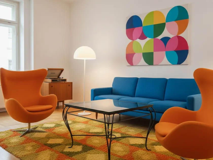 Mesa antiga de jardim com design elegante e pernas curvas, cercada por poltronas modernas.