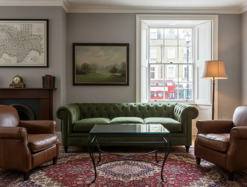 Table ancienne dans un cadre chaleureux avec canapé vert et fauteuils en cuir, décorée avec une lampe