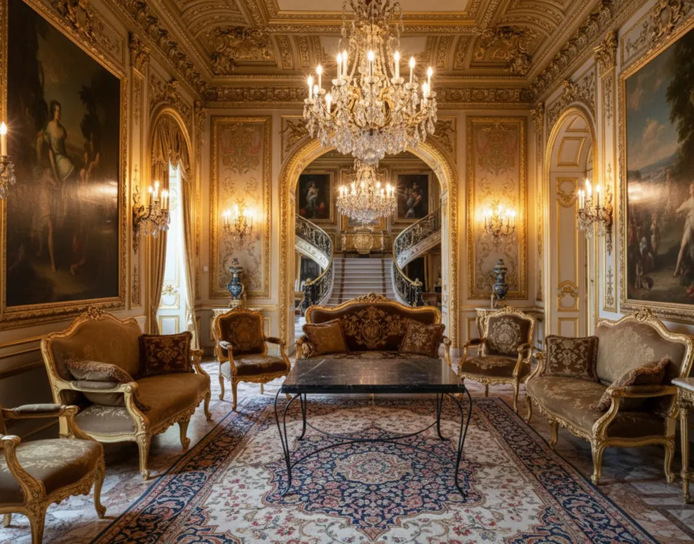 antike Tisch im eleganten Salon mit Gartenmöbeln