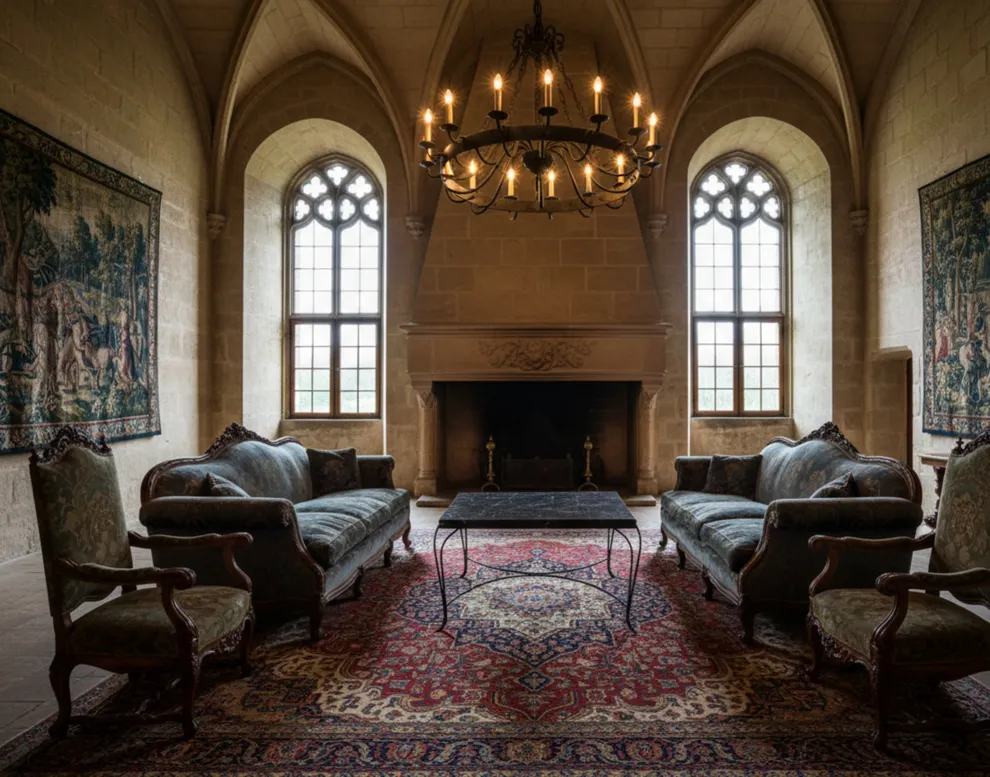 Table antique dans un environnement de jardin élégant avec des chaises décoratives.