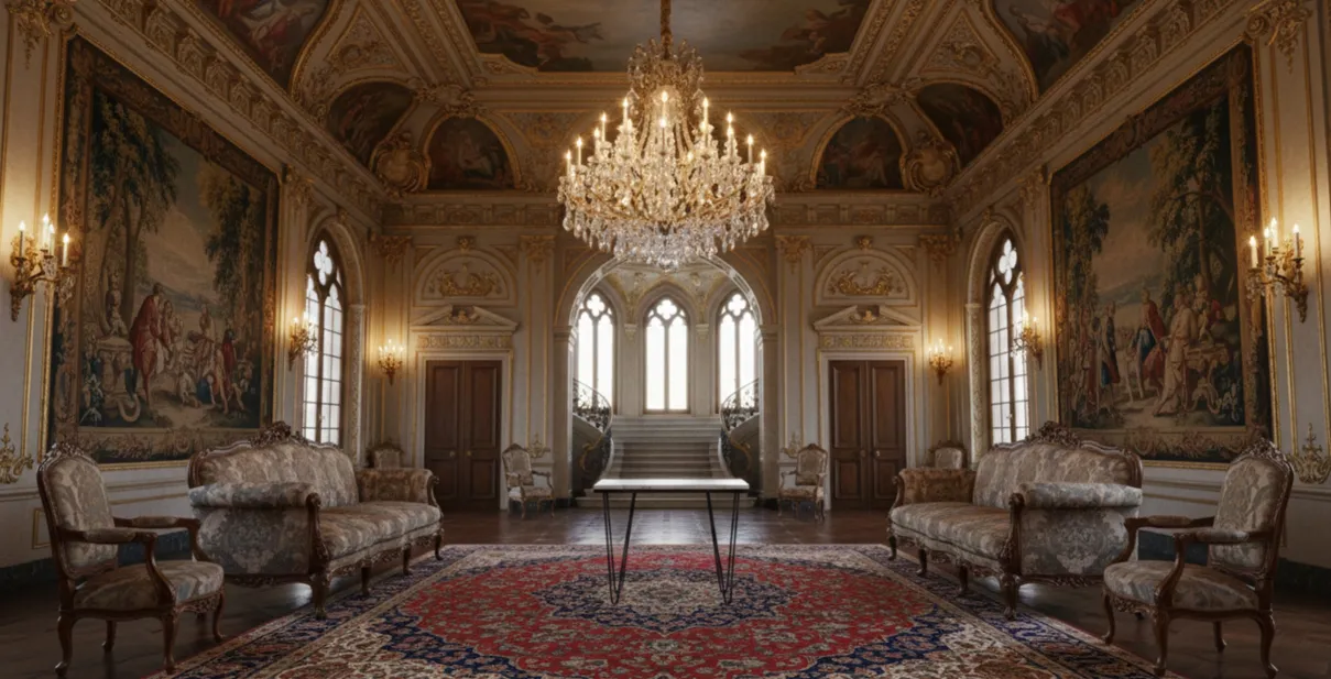 Tavolo antico in un ambiente elegante con lampadari