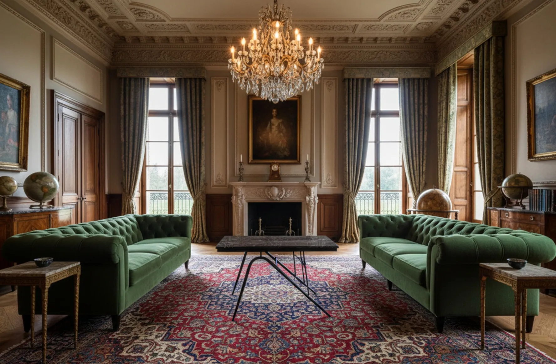 Table ancienne dans un cadre élégant avec canapé vert et chandelier.