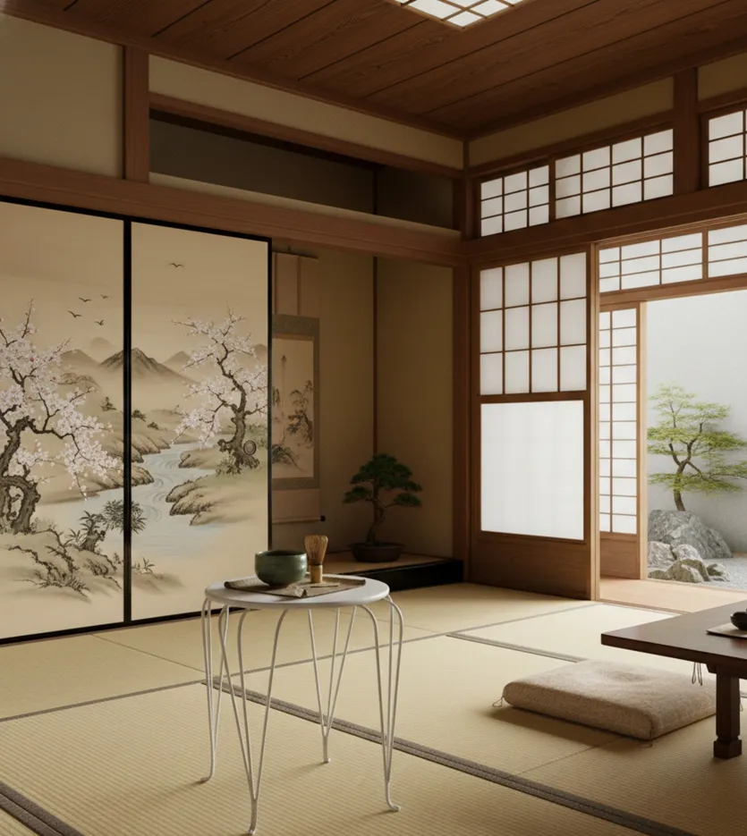 Antique table in a Japanese garden setting with paintings.