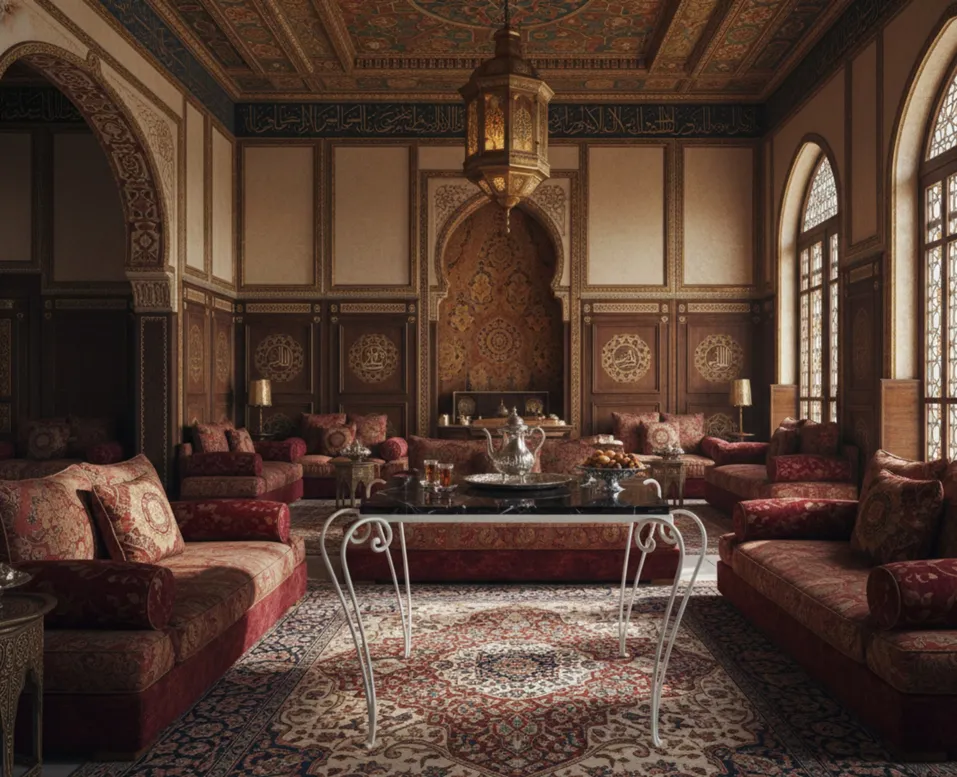 Mesa antiga de jardim, elegante e decorativa, cercada por sofás vermelhos e um ambiente luxuoso.