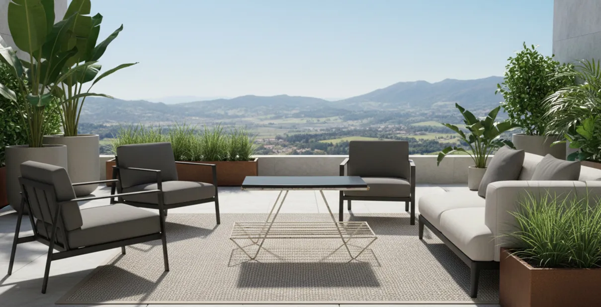 Antiker Gartentisch auf einer Terrasse mit Aussicht