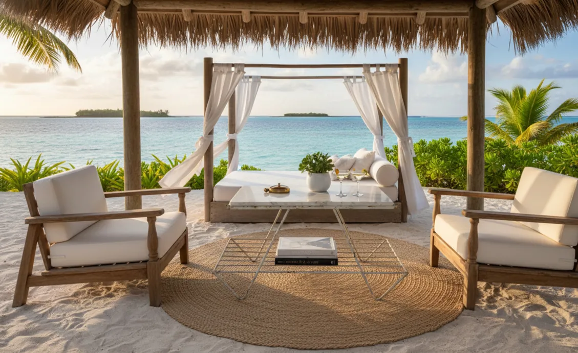 해변에 식물로 둘러싸인 고대 정원 테이블