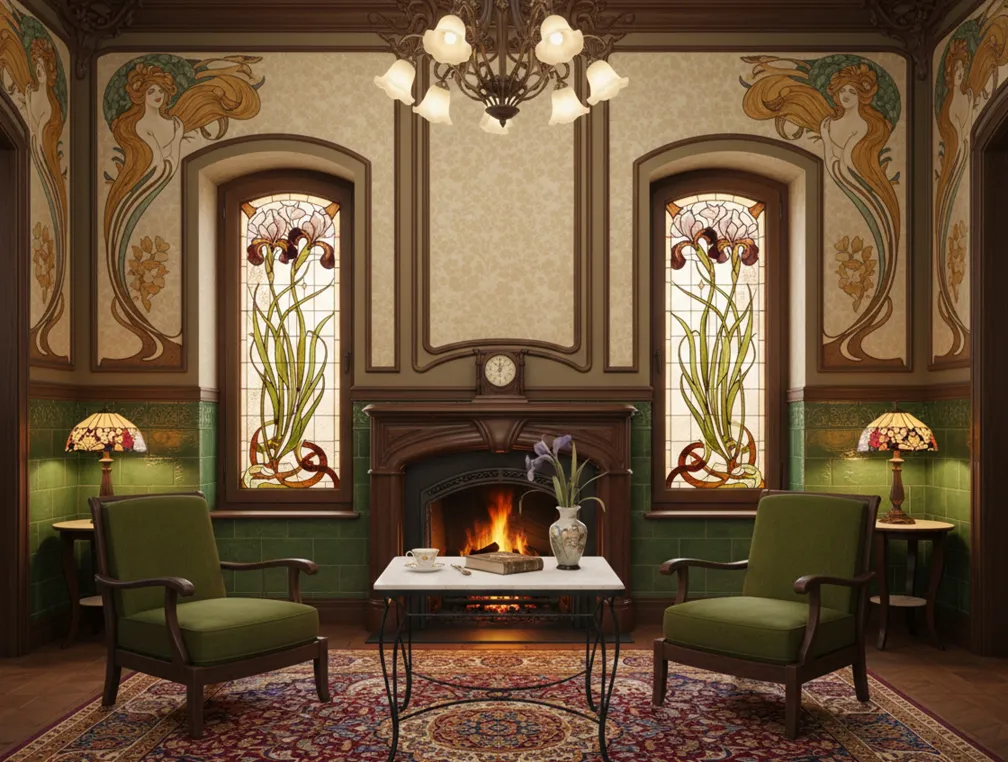 Mesa antigua en un ambiente acogedor con chimenea.