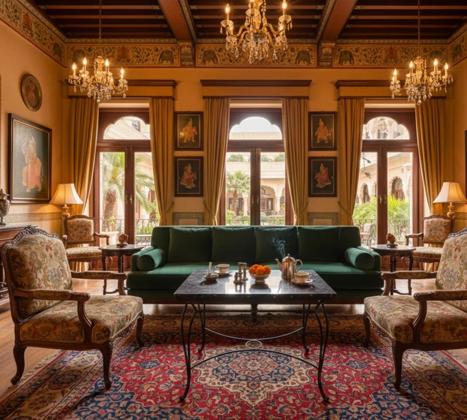 प्राचीन मेज़ जिसमें सुंदर सजावट और बगीचा है