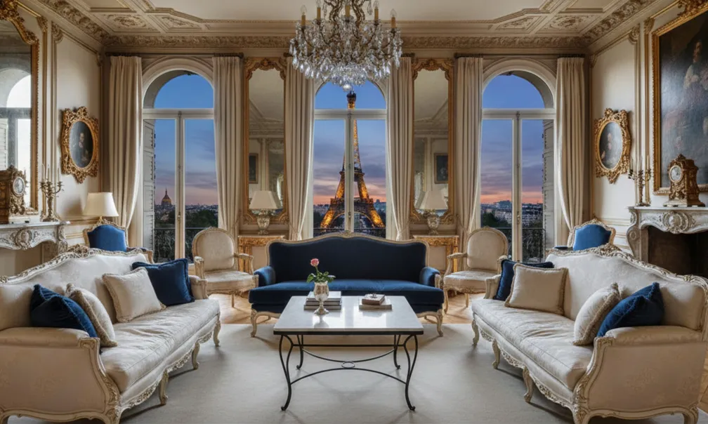 Mesa antigua de jardín, con vista a la Torre Eiffel, elegante sala