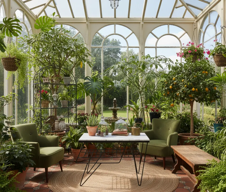 Mesa antigua en un jardín con vegetación exuberante.