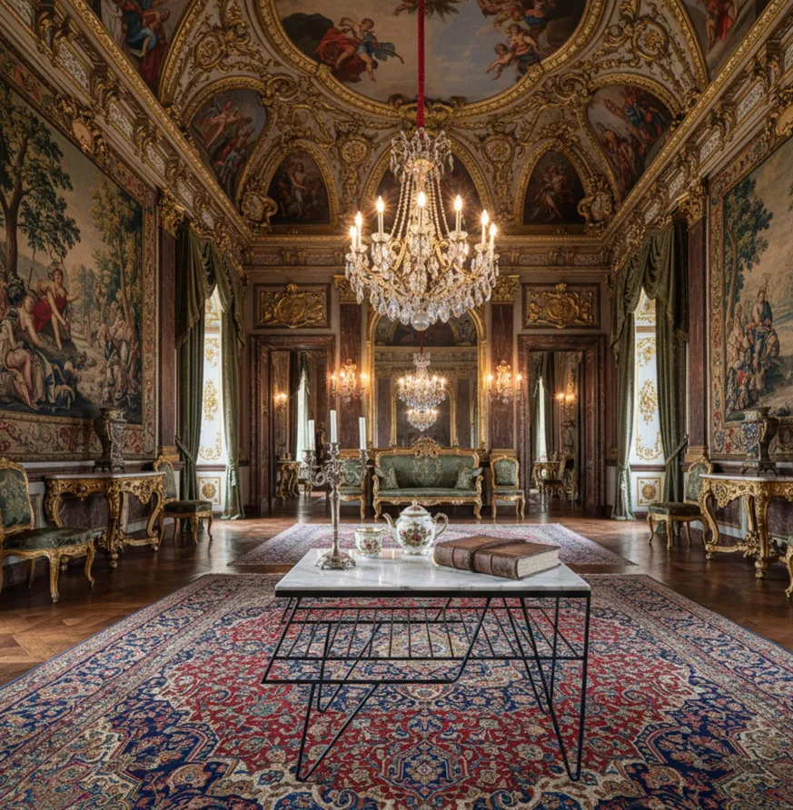 Antike Tische in einem Gartenumfeld, elegant dekoriert.