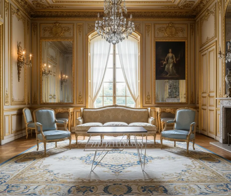 mesa antiga em um ambiente elegante com cadeiras azuis