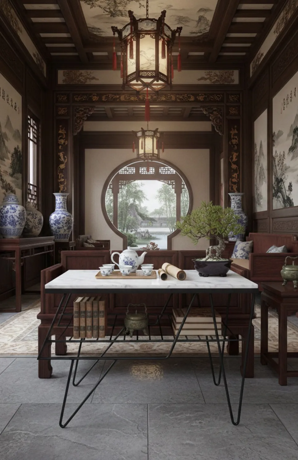 Mesa antiga com decoração de jardim e utensílios de chá