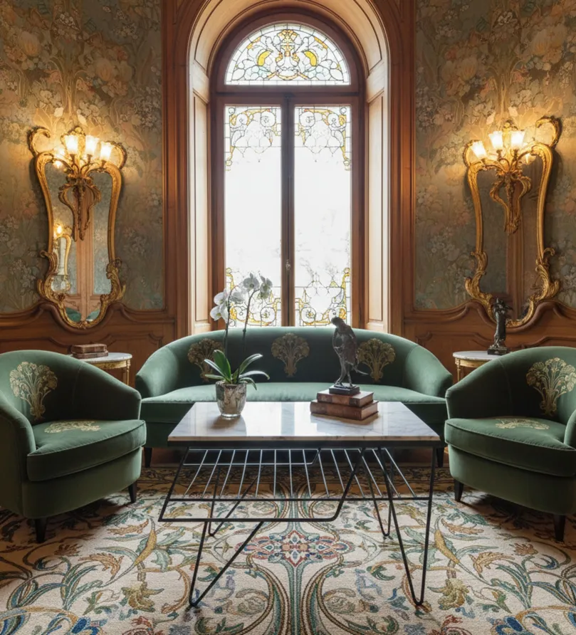 Table ancienne dans un salon élégant avec des fauteuils verts