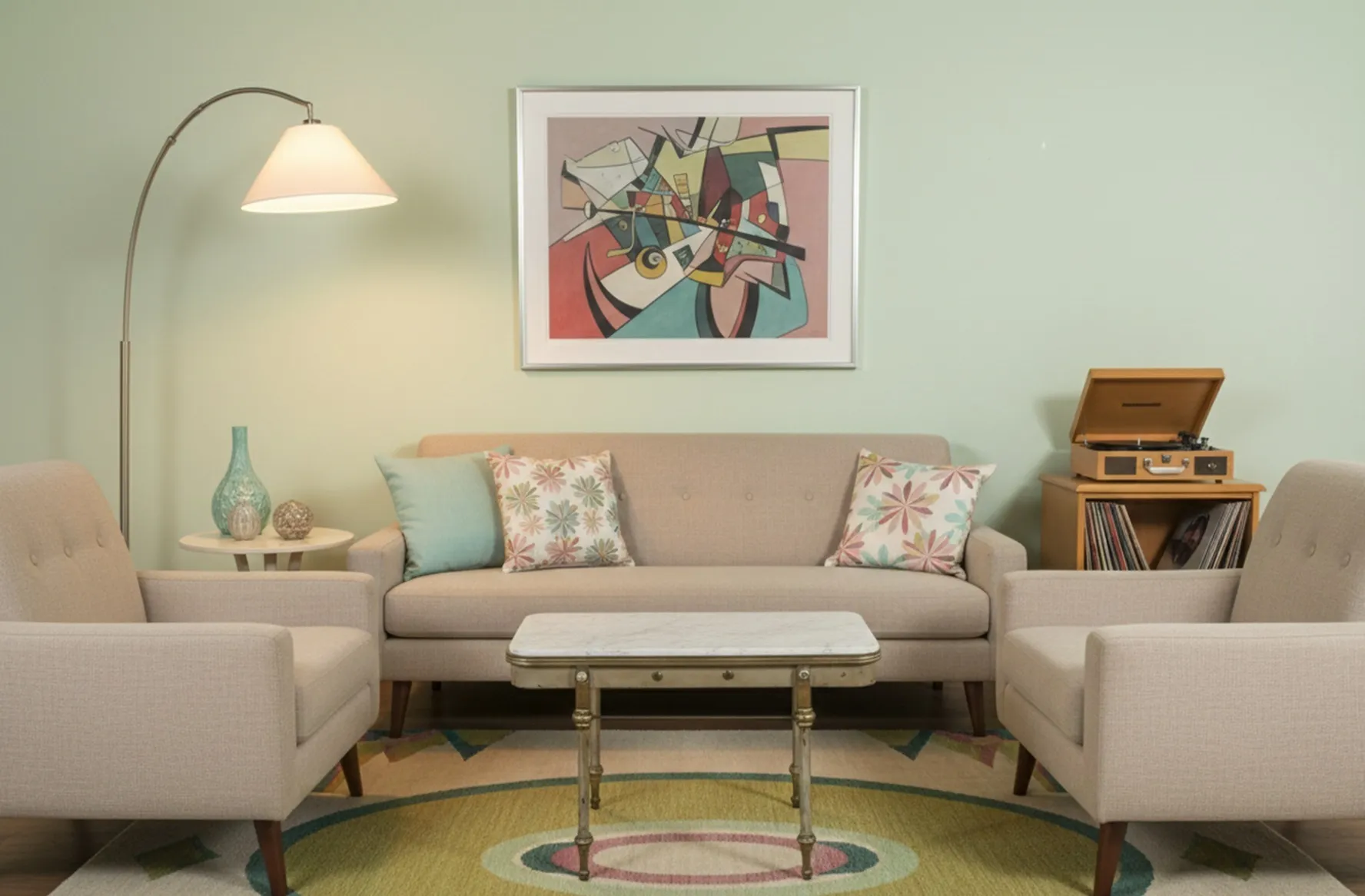 Mesa antigua blanca con patas decorativas en una sala de estar serena, adornada con muebles de jardín y elementos decorativos.