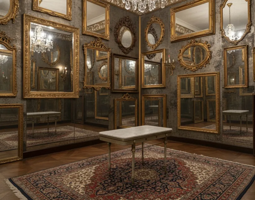 Table antique dans un cadre élégant avec des miroirs dorés.