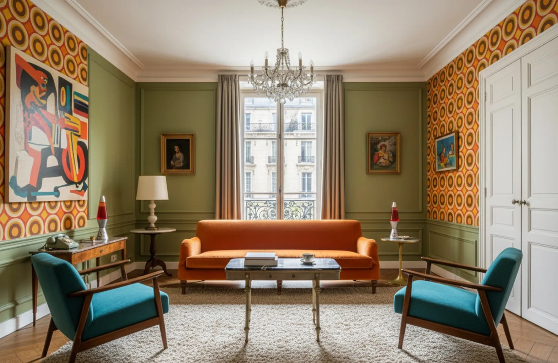 Table antique dans une pièce de style rétro avec des canapés et des tableaux.