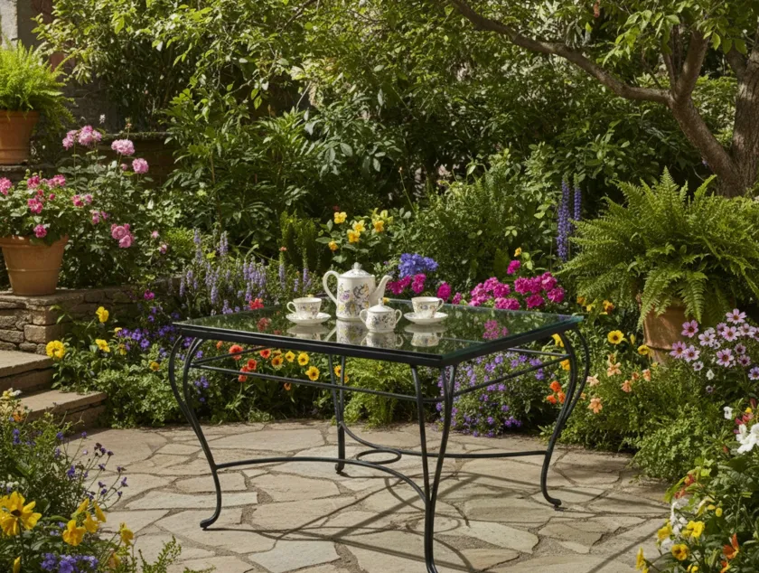 mesa antigua en un jardín con flores coloridas