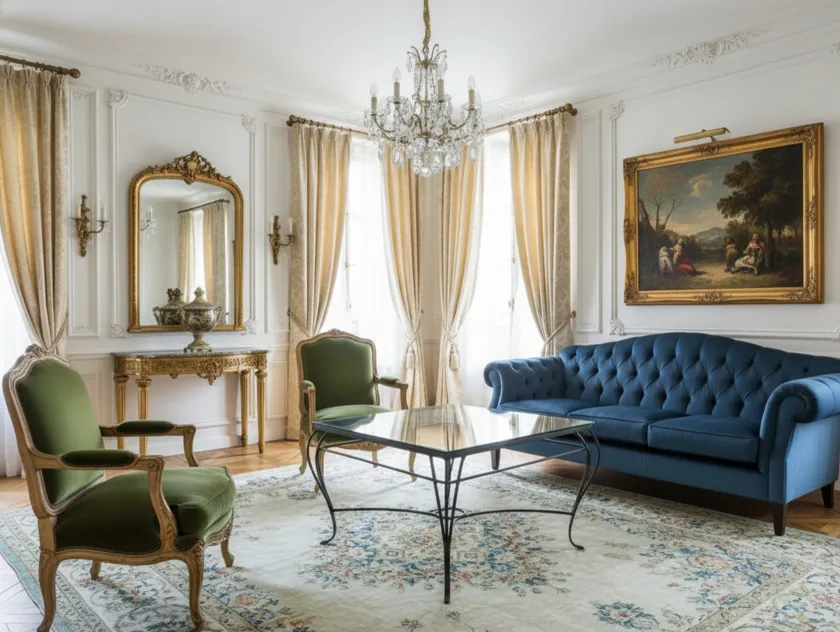 Mesa antigua en un ambiente elegante con sillas verdes y decoración clásica.