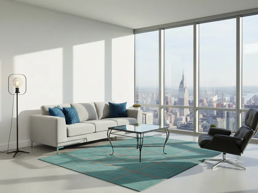 Mesa antigua en un ambiente moderno con vista urbana