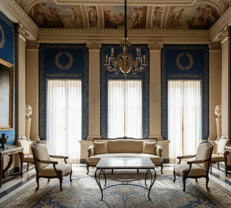 tavolo antico decorativo in un salotto lussuoso con mobili eleganti