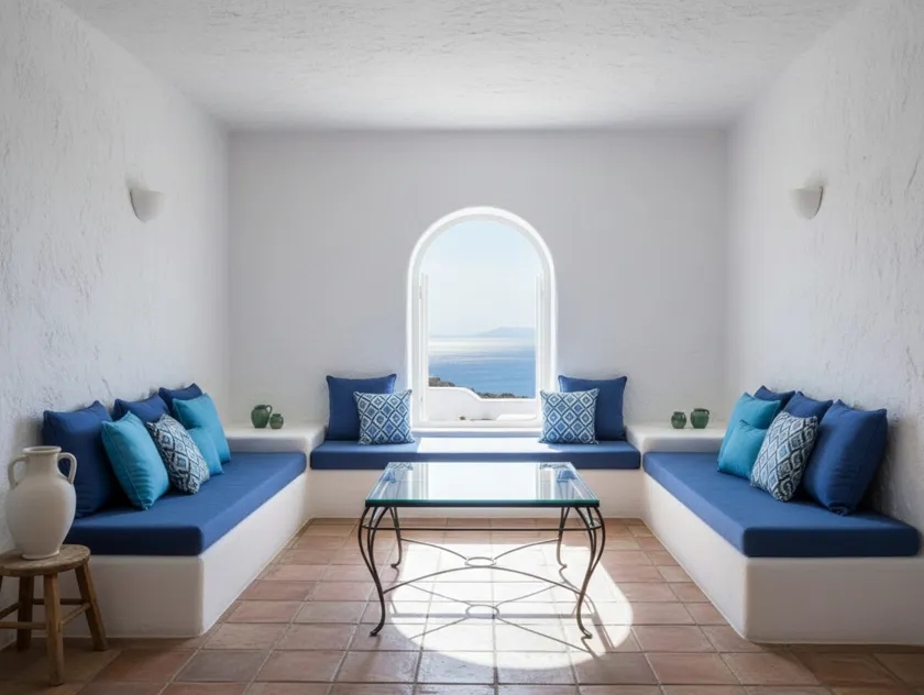 Mesa antigua de centro acompañada de un ambiente luminoso con cojines azules y vista al mar