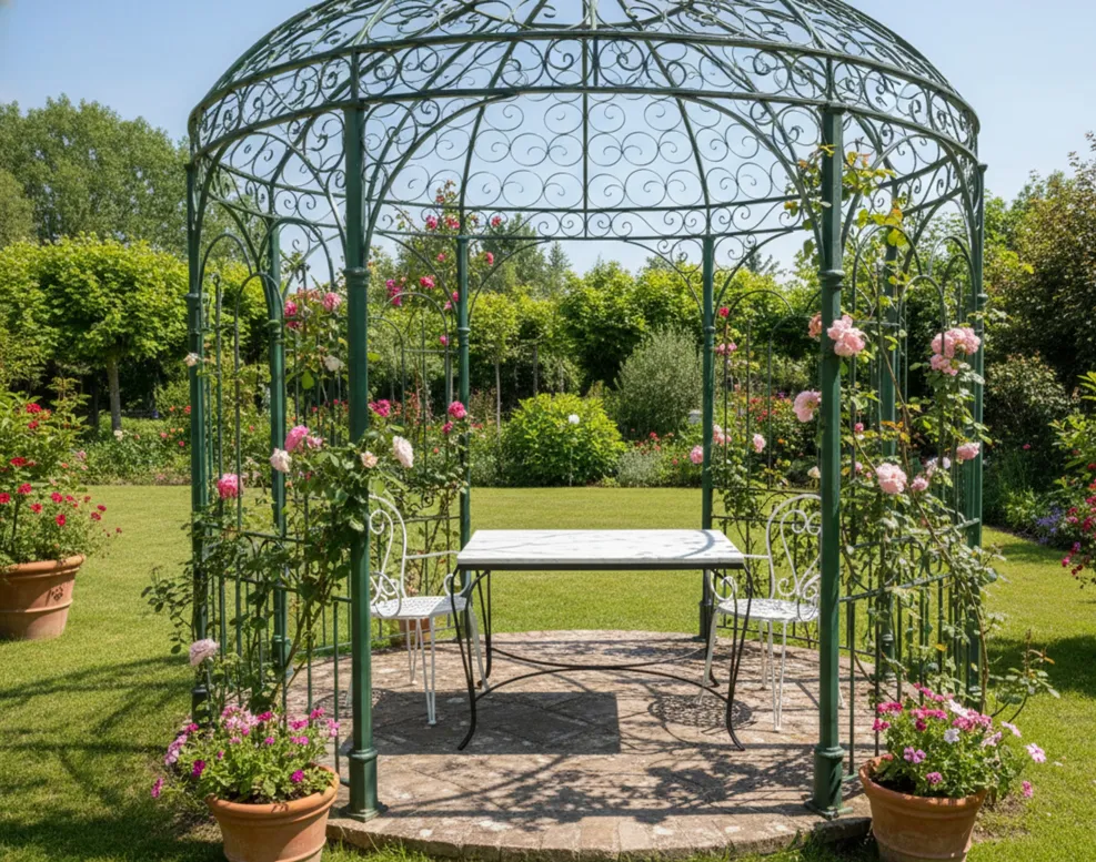 Un ensemble ancien de table et chaises de jardin entouré de fleurs